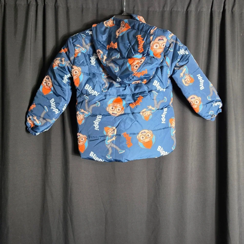 Blippi Boys Girls Navy Blue Quilted Puffer Jacket Hooded Character Print Size 8